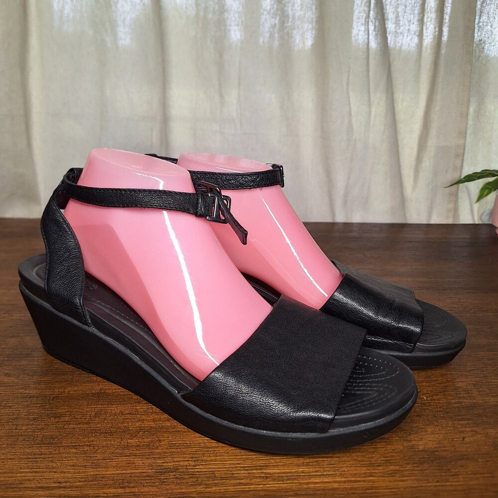 Crocs Women's Leigh-Ann Ankle Strap Leather Wedge Sandals in black comfort 11 - Picture 9 of 9